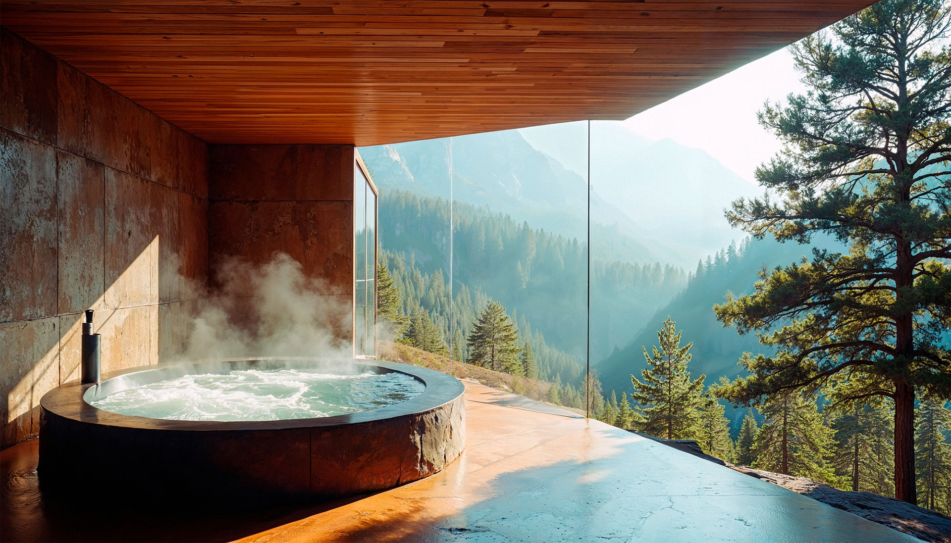 Idromassaggio con acqua calda in un resort con SPA e vista su una pecceta