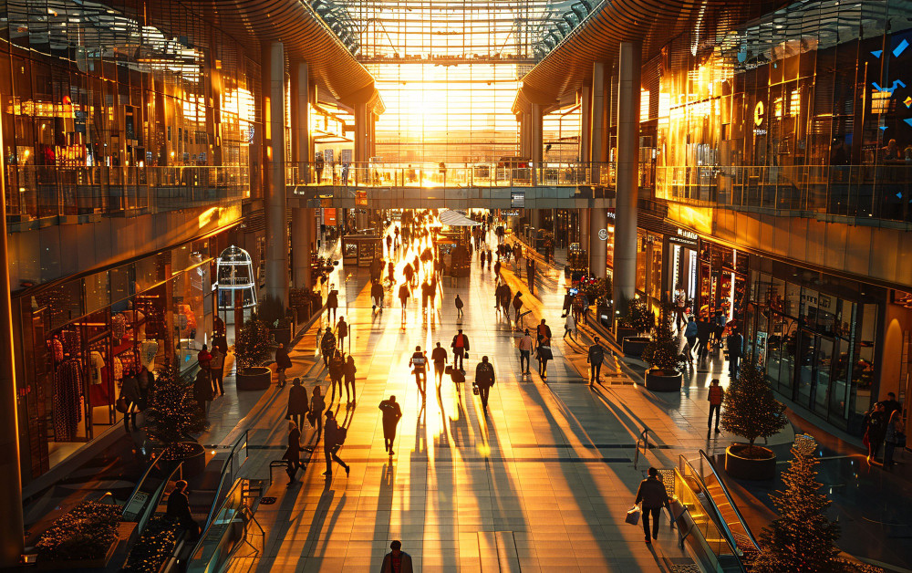 Ottimizzare la Geolocalizzazione Web con AWS CloudFront nel Retail: l'immagine mostra l'interno brulicante di persone di un grande Centro commerciale con il sole radente al tramonto