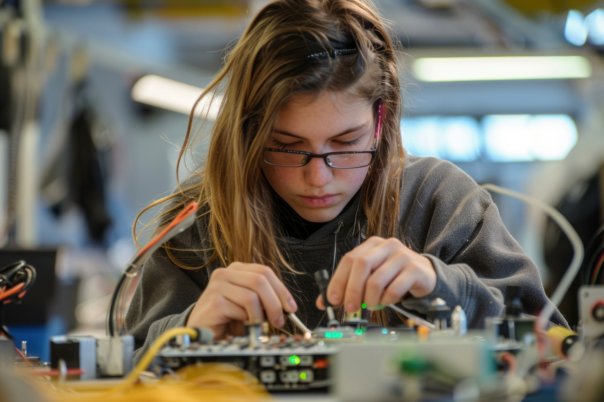 Ragazza con tester che misura voltaggio di una scheda elettronica.