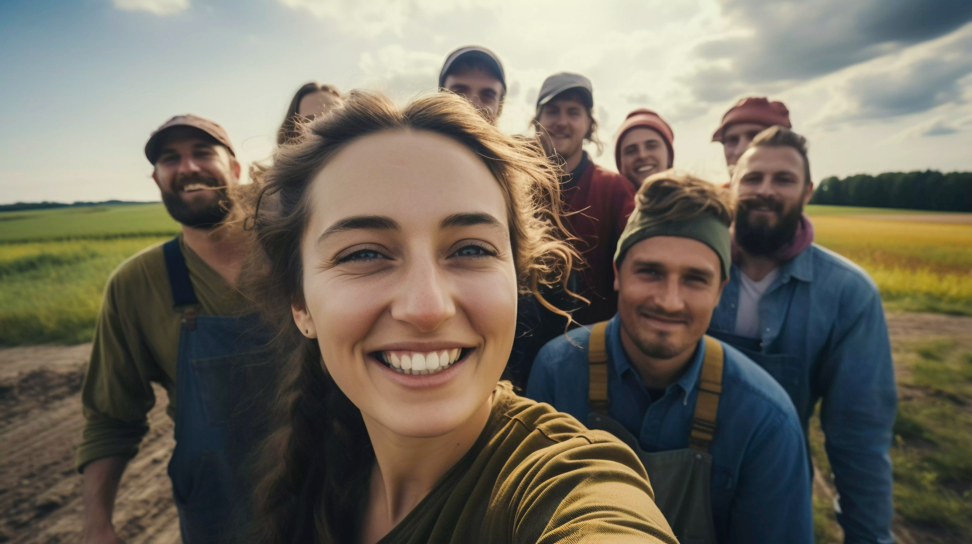 Persone che lavorano su un campo si fanno un selifie