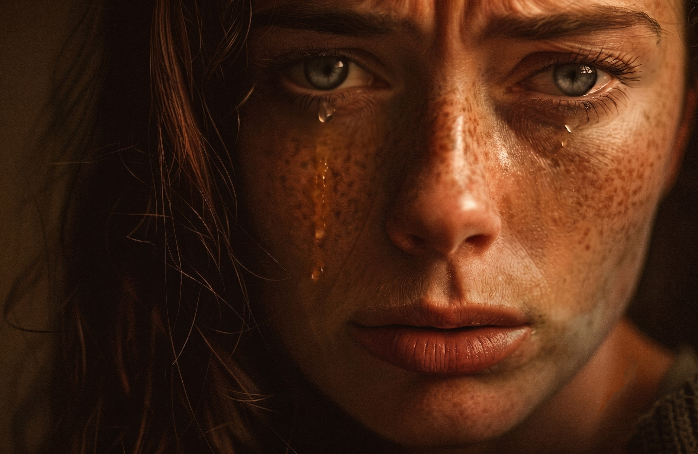 Un viso femminile, tra le efelidi le lacrime, a mostrare un effetto della sofferenza non solo fisica.